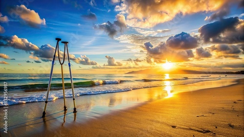 A serene beach scene with a pair of crutches in the sand photo
