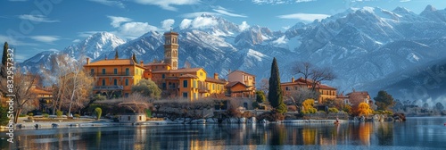 A picturesque lakeside village with vibrant buildings and a tall tower surrounded by snow-capped mountains and lush greenery on a clear day