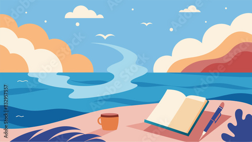 The rise and fall of the ocean waves provide the perfect backdrop for a seaside journaling session the sea breeze carrying the writers thoughts away.. Vector illustration