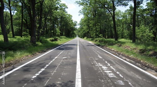 A serene summer day captures the endless journey on a straight road flanked by lush green forests under a clear blue sky