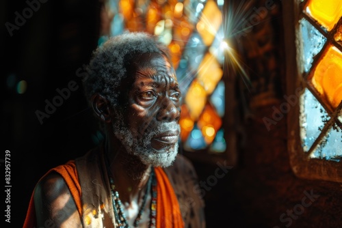 Old african man praise God in church.