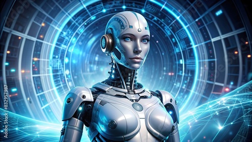 Futuristic female robot with cyber design in modern innovation setting