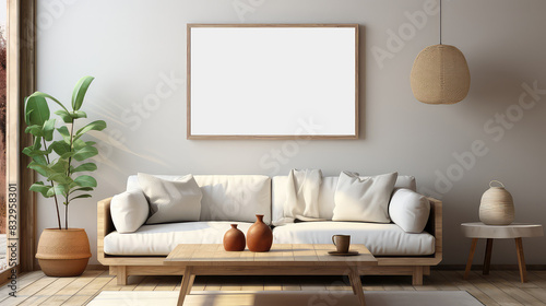 Empty frame for wall art mockup in cozy living room interior