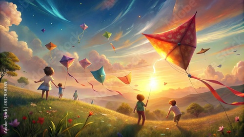 Children's kites flying in a sunny and windy outdoor setting, symbolizing the arrival of spring and joy photo