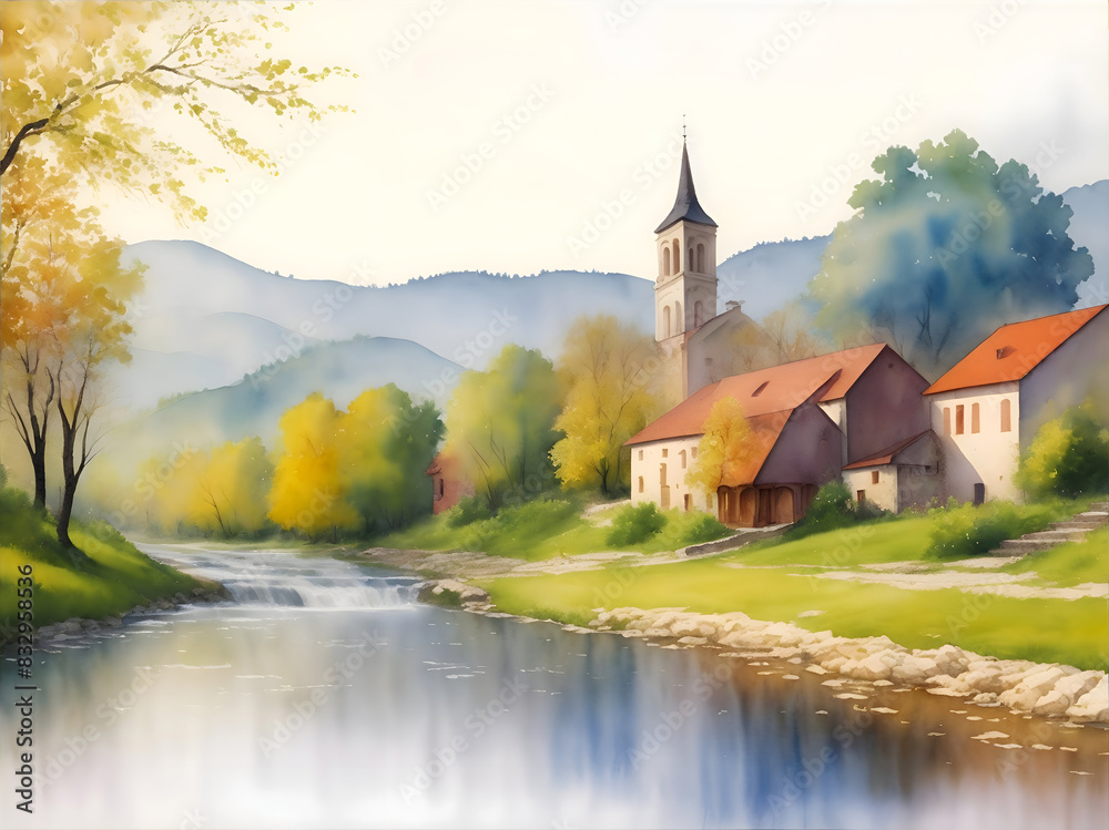 Fototapeta premium Banja Luka Bosnia and Herzegovina Country Landscape Watercolor Illustration Art