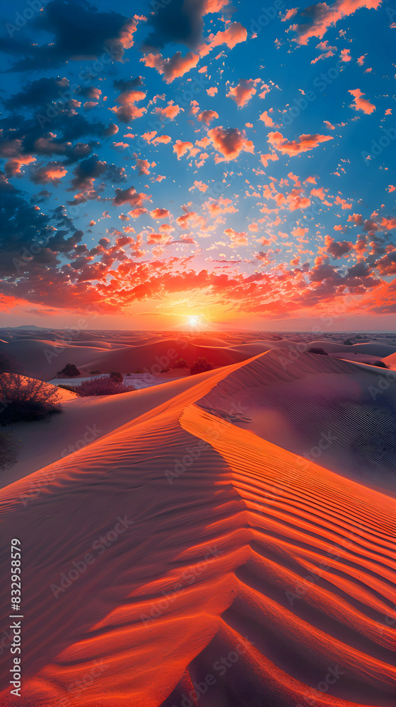 A panoramic view of a tranquil nature sand dune at dusk, the last light of the day creating a serene atmosphere A panoramic view of a tranquil nature sand dune at dusk, the last light of the day creating a serene atmosphere