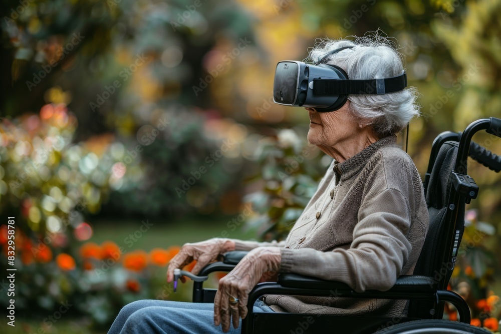 Old woman in a wheelchair wearing virtual reality glasses. Old woman in a wheelchair wearing virtual reality glasses.