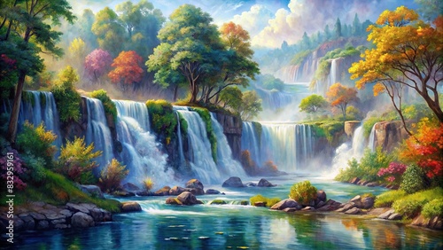Beautiful watercolor painting of a majestic waterfall photo