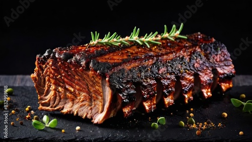 Minimalist Elegance, Porchetta Style Ribs Encrusted with Fresh Herbs and Peppercorns, Garnished with Rosemary photo