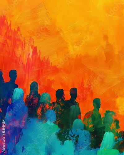 Abstract painting of silhouettes against vibrant orange and blue background, representing unity and diversity in colorful hues.