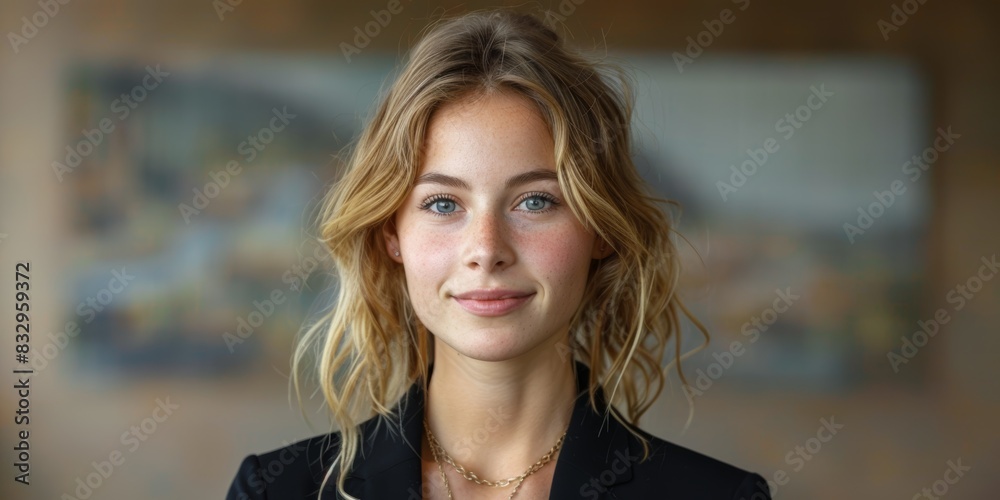 Obraz premium A young woman with blonde hair, smiling softly and dressed in a black blazer, stands in an indoor setting with a blurred background, giving a calm and confident appearance