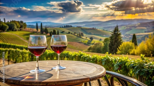 Two glasses of red wine on a table outdoors  overlooking a scenic Tuscan landscape
