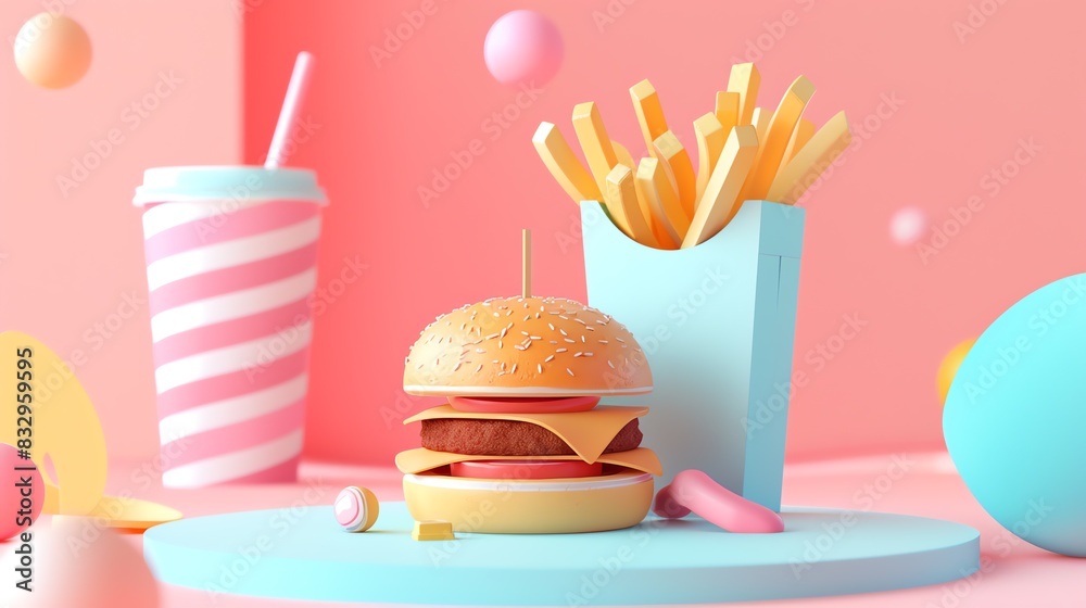 A whimsical pastel-colored scene featuring a cheeseburger with fries and a striped soda/shake cup. A whimsical pastel-colored scene featuring a cheeseburger with fries and a striped soda/shake cup.