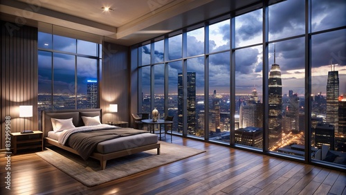 Dark and gloomy penthouse bedroom with a view of city lights from balcony photo