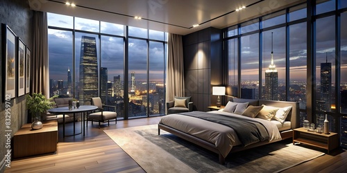 Dark and moody penthouse bedroom with a city view from balcony photo