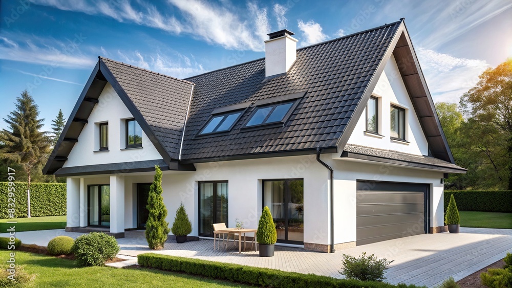 White family house with black pitched roof tiles
