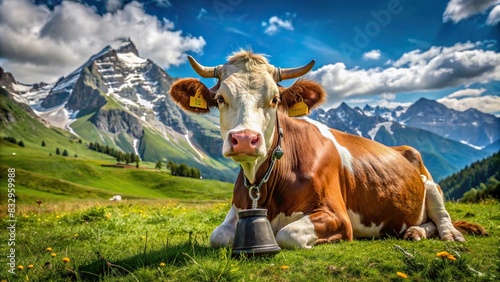 Brown and white Swiss cow with cowbell resting on grass in Alpine pasture photo