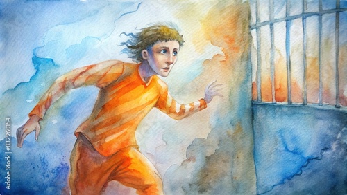 Teenage thief in orange clothes escaping from prison, watercolor painting photo
