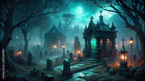 Eerie cemetery with darksynth vibe under glowing lights