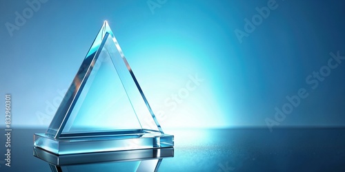 Glass triangle trophy on light blue background with dynamic light reflections photo
