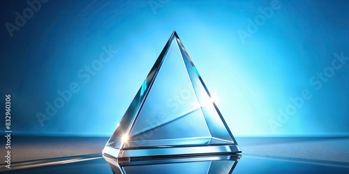 Glass triangle trophy on light blue background with dynamic light reflections photo