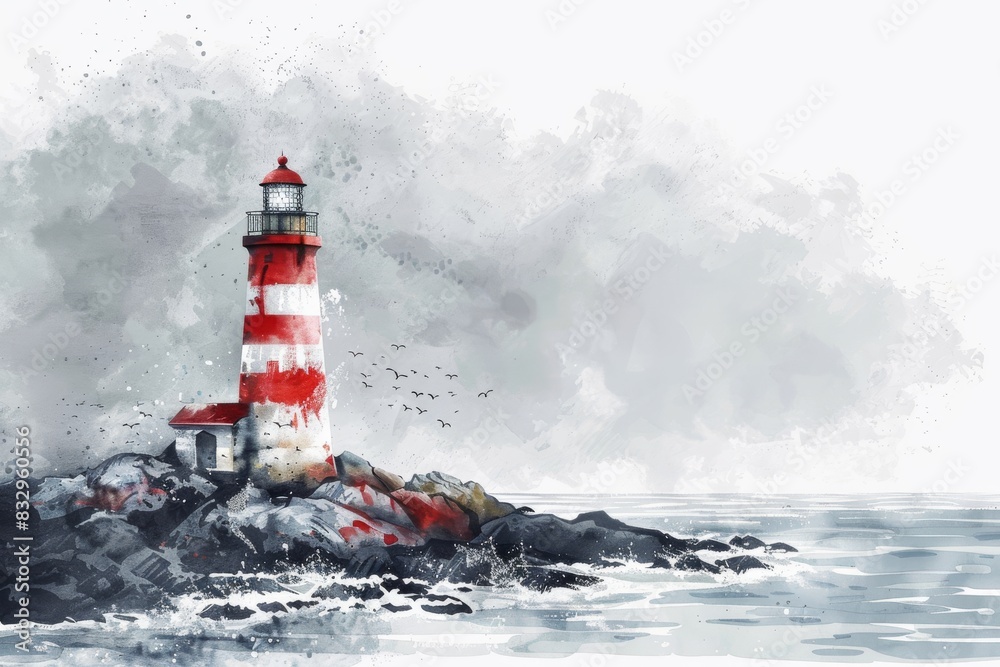Red and white lighthouse on the rocky shore, watercolor painting.