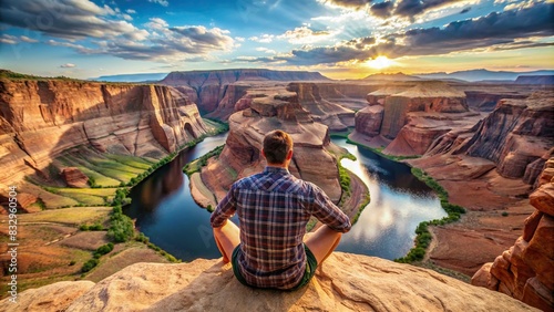 Man relaxing and taking in the breathtaking view of Horseshoe Bend at Grand Canyon National Park photo