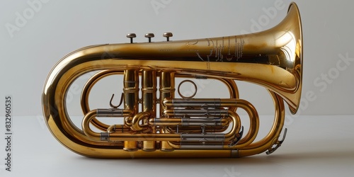 Close-up image of a shiny brass euphonium horn showing intricate tubing and valves on a plain background emphasizing its craftsmanship photo