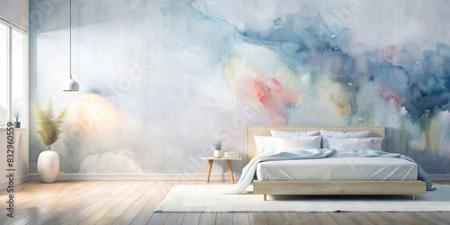 Minimalistic white bedroom with modern design, featuring an empty wall mockup background and watercolor accents photo