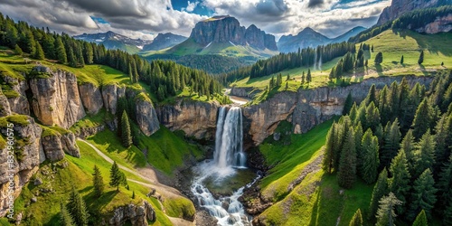 Aerial view of Murfreit Waterfall near Passo Gardena, Dolomites, Italy photo
