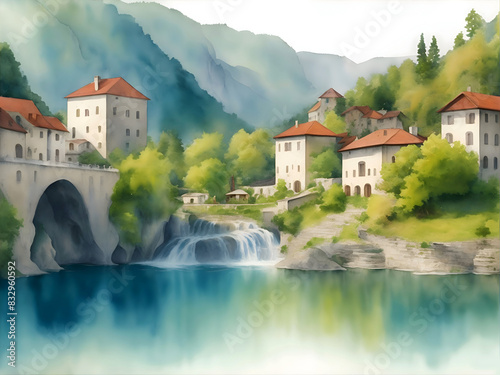 Jajce Bosnia and Herzegovina Country Landscape Watercolor Illustration Art	 photo