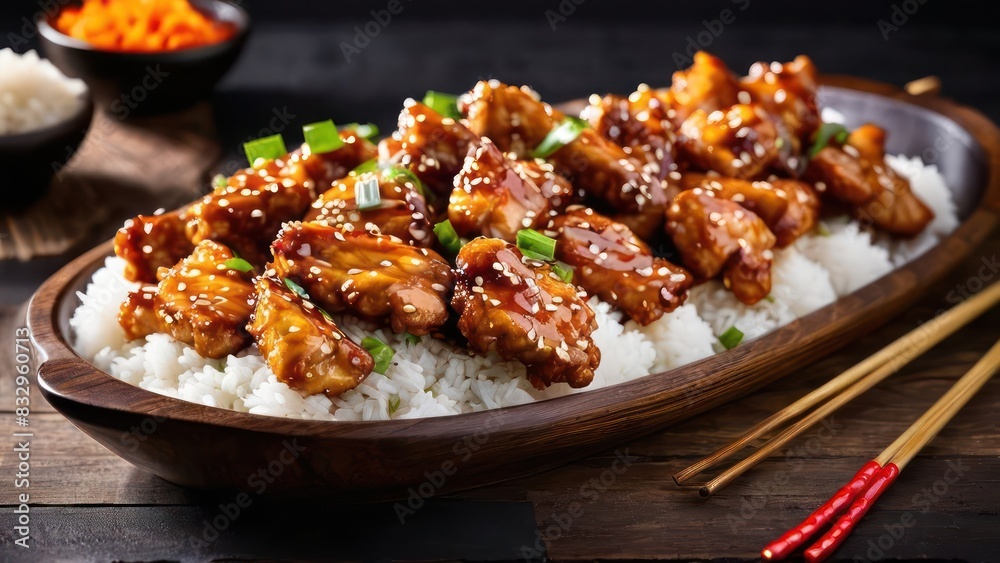Elegant Chinese Rice Bowl Featuring Sweet and Sour Chicken, Enhanced with Sesame Seeds and Green Onion Elegant Chinese Rice Bowl Featuring Sweet and Sour Chicken, Enhanced with Sesame Seeds and Green Onion