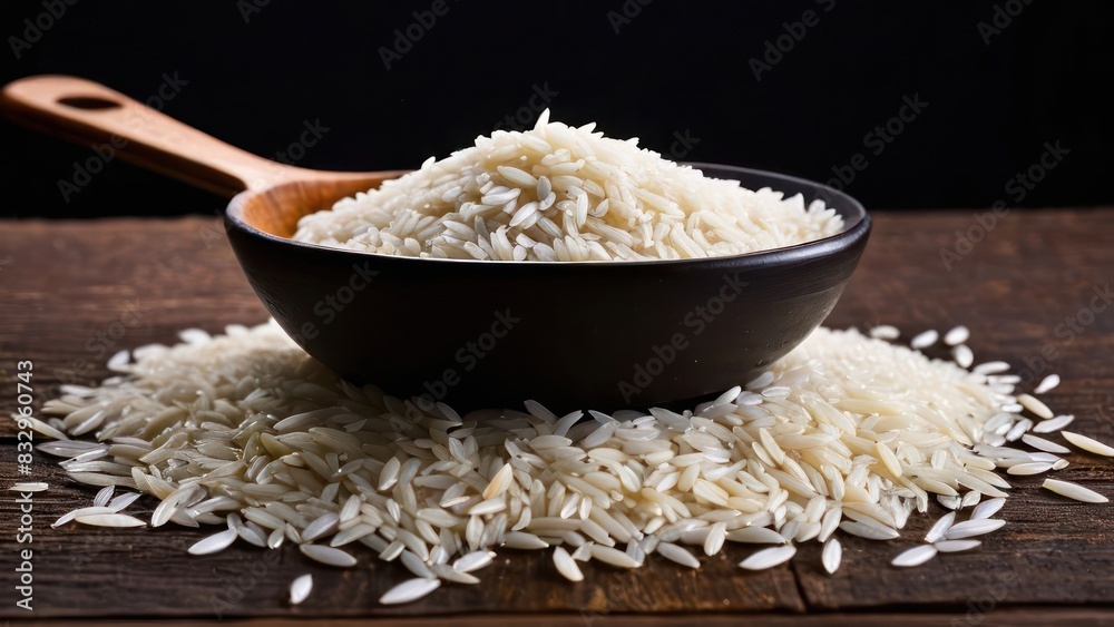 Fresh White Rice Bowl with Wooden Spoon - Minimalist Still Life Fresh White Rice Bowl with Wooden Spoon - Minimalist Still Life