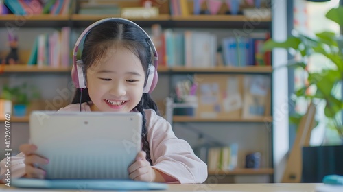 Asian girl student video conference e-learning with teacher and classmates on computer in living room at home. Homeschooling and distance learning ,online ,education and internet.