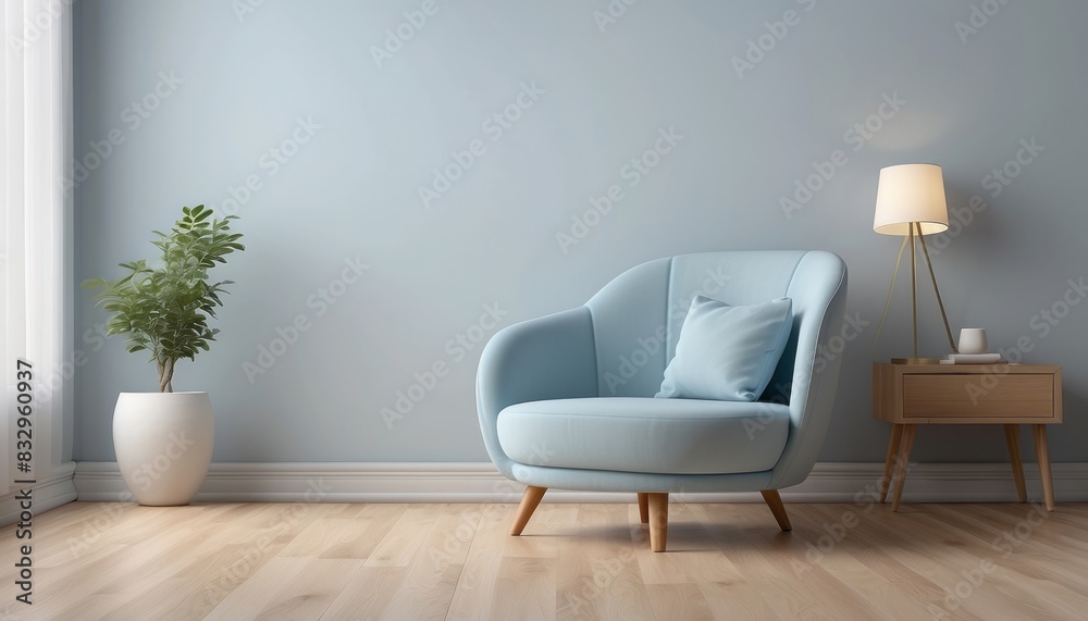 Interior home of living room with blue Swivel Chair and side table on empty white wall copy space, hardwood floor Interior home of living room with blue Swivel Chair and side table on empty white wall copy space, hardwood floor