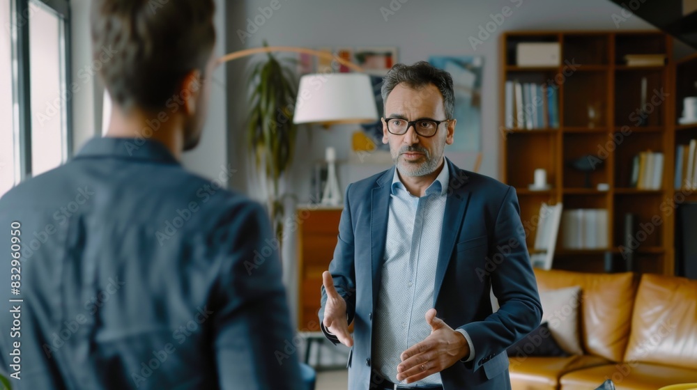man Real Estate Agent talking with a client in the room of house for sale man Real Estate Agent talking with a client in the room of house for sale