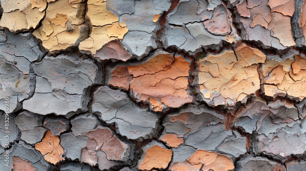 Close-up view of a naturally weathered tree bark displaying a complex and colorful pattern of cracked and peeling layers in various shades of grey, brown, and orange Close-up view of a naturally weathered tree bark displaying a complex and colorful pattern of cracked and peeling layers in various shades of grey, brown, and orange