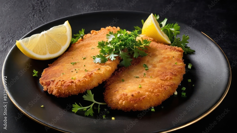 Elegant Dual Schnitzel Plate, Premium Pork Cutlets Garnished with Lemon and Parsley, Artfully Arranged on a Black Plate Against a Dark Backdrop