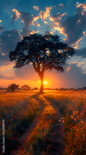 A panoramic view of a tranquil nature savanna at dusk  the last light of the day creating a serene atmosphere