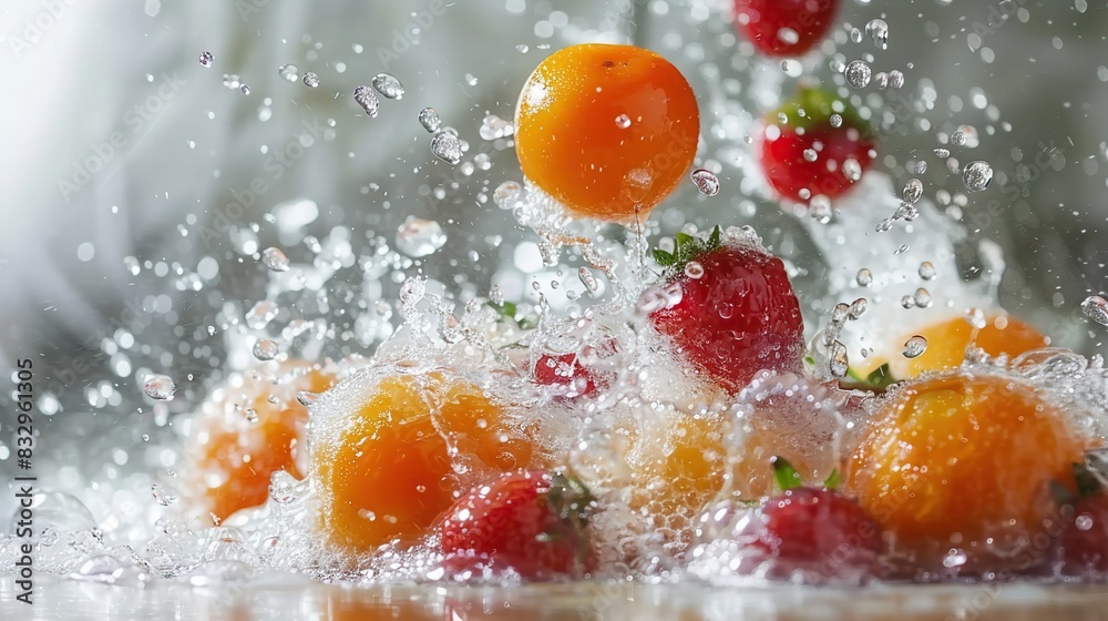 Dynamic Photography of Flying Fruit Pieces with Water Splashes in Natural Light Dynamic Photography of Flying Fruit Pieces with Water Splashes in Natural Light