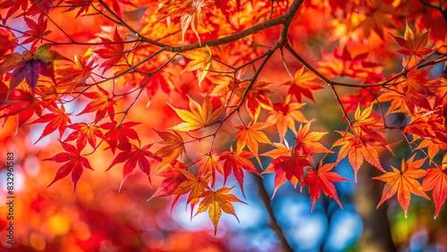 Close-up of maple tree with vibrant red autumn leaves