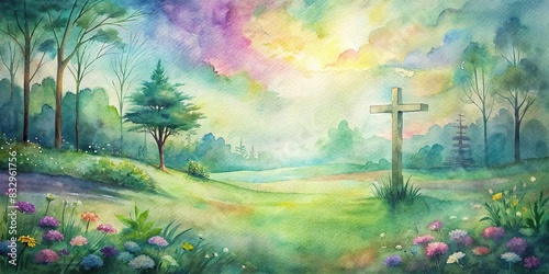 Serene landscape with cross on grassy field surrounded by colorful flowers and trees, symbolizing peace and spirituality photo
