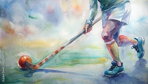 Field hockey ball in sharp focus with player and stick approaching in background, watercolor photo