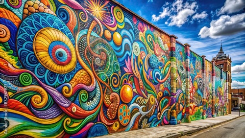 Colorful mural on city wall depicting imaginative swirls and shapes photo