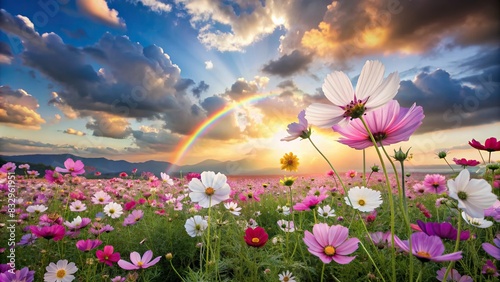 Pastel rainbow hues of cosmos flowers blooming under a dreamy sky