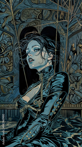 A gothic woman in a black leather dress sits in an old, creepy mansion. She has black hair and dark eyes. The room has a lot of dark blue and black colors, and there are old furniture and spider webs.