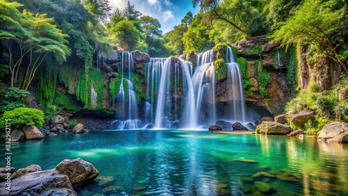 Majestic waterfall cascading into a crystal-clear pool surrounded by rocks and lush vegetation