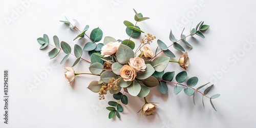 Minimalistic composition of a floral arrangement with eucalyptus leaves and delicate pink gold accents photo