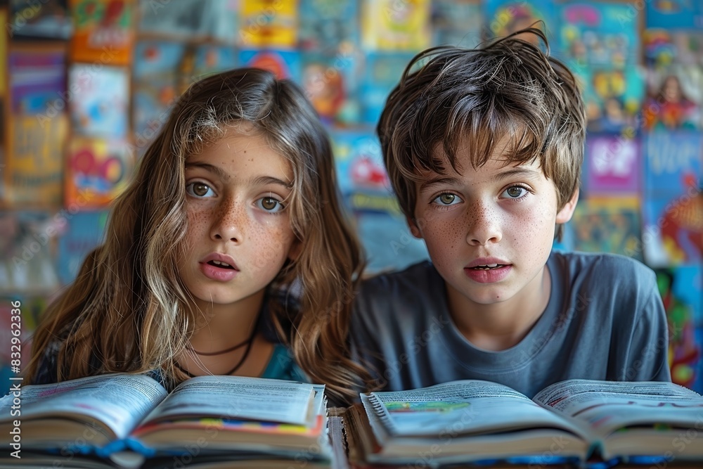 Two young children with focused expressions sitting side by side and intently reading books in front of a colorful background filled with comics and posters Two young children with focused expressions sitting side by side and intently reading books in front of a colorful background filled with comics and posters