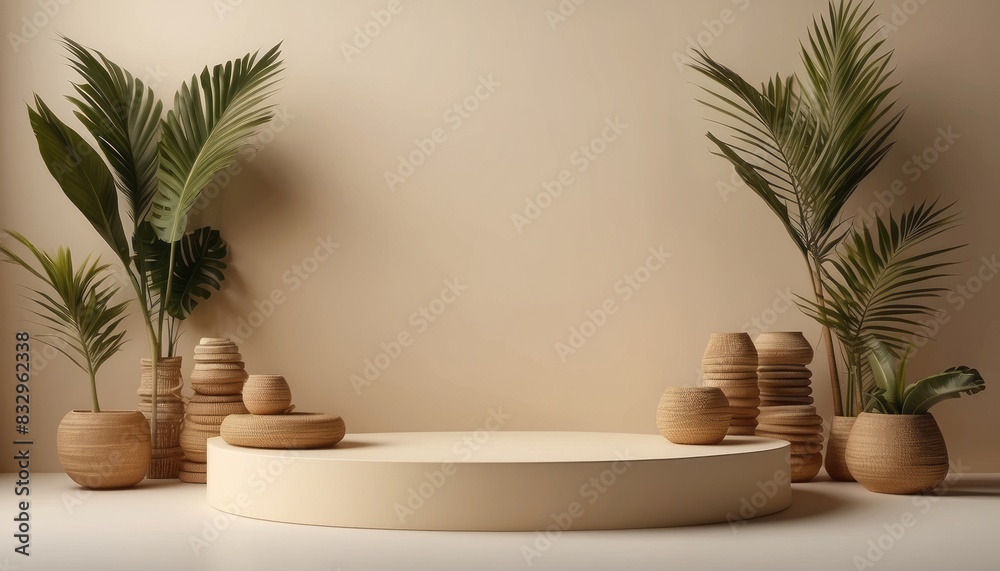 empty stack podium platform stand in tropical forest for product presentation on cream color background copy space mockup empty stack podium platform stand in tropical forest for product presentation on cream color background copy space mockup